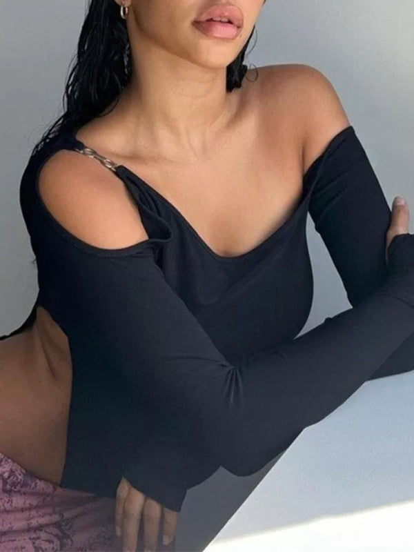 Long-Sleeved Round Neck One Shoulder Side Slit T-shirt kakaclo