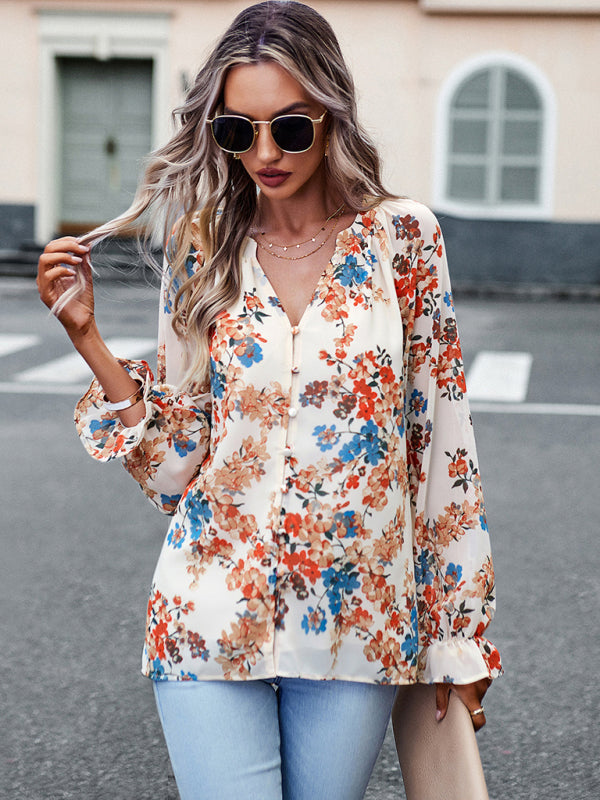 Blue Zone Planet | Elegant floral print shirt with V-neck buttons blouse BLUE ZONE PLANET