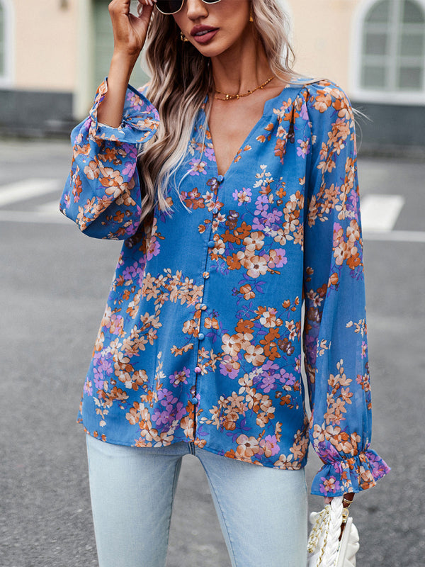Blue Zone Planet | Elegant floral print shirt with V-neck buttons blouse BLUE ZONE PLANET