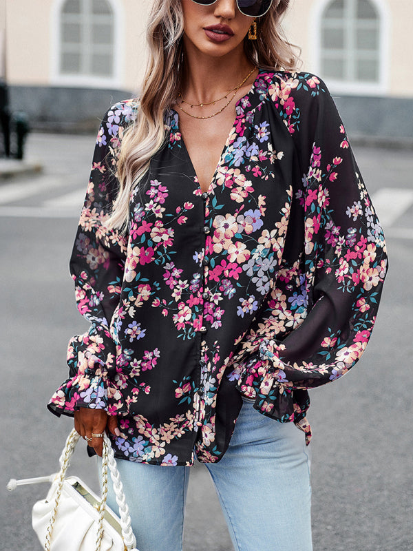Blue Zone Planet | Elegant floral print shirt with V-neck buttons blouse BLUE ZONE PLANET