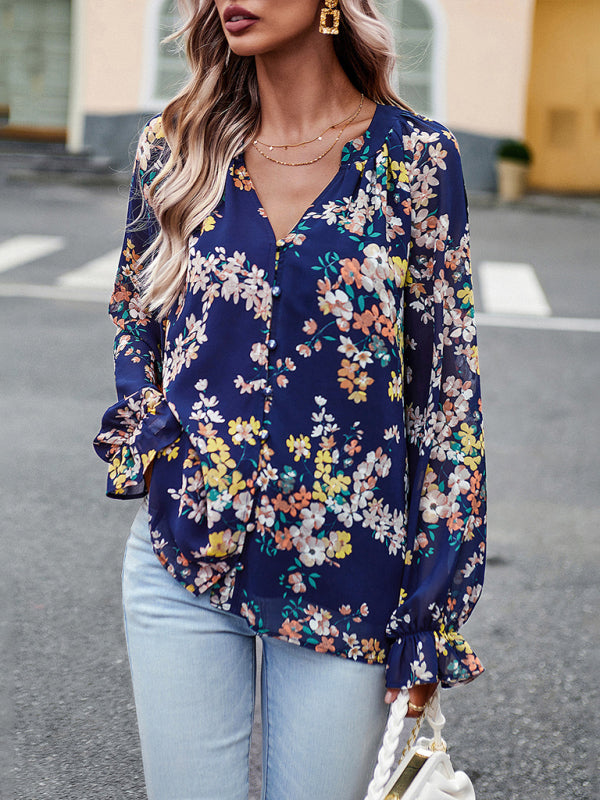 Blue Zone Planet | Elegant floral print shirt with V-neck buttons blouse BLUE ZONE PLANET