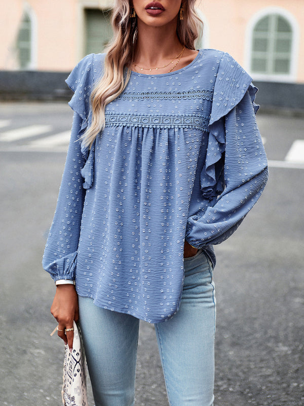 Elegant ruffled lace edge stitching casual long-sleeved blouse kakaclo