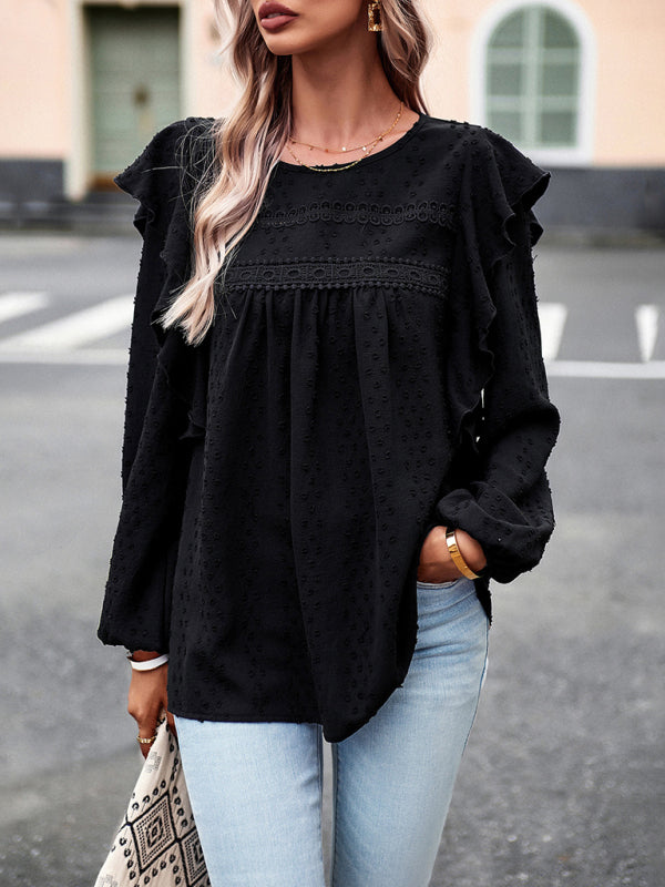 Elegant ruffled lace edge stitching casual long-sleeved blouse kakaclo