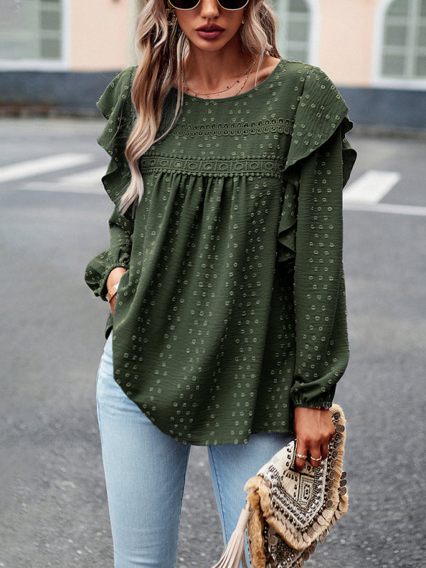 Elegant ruffled lace edge stitching casual long-sleeved blouse kakaclo