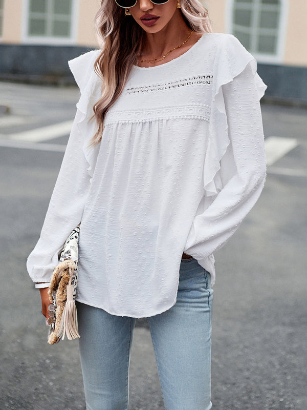 Elegant ruffled lace edge stitching casual long-sleeved blouse kakaclo