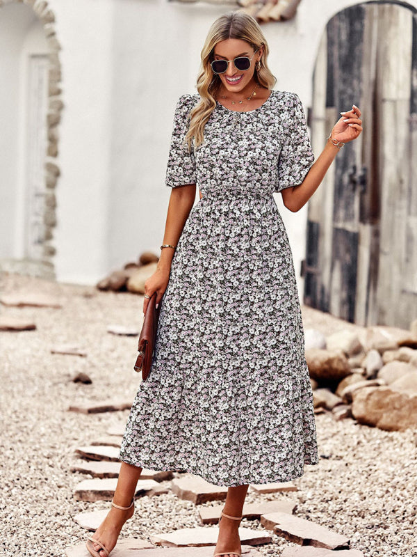 New round neck printed waist A-line dress BLUE ZONE PLANET