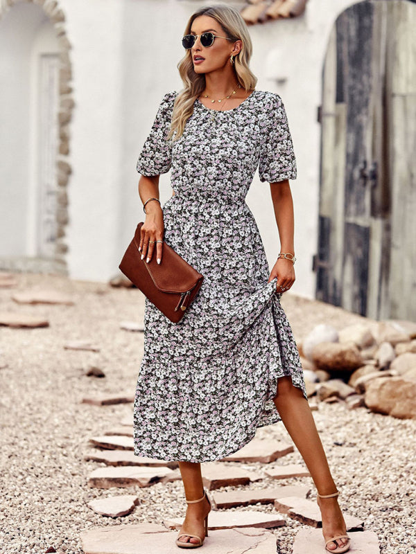 New round neck printed waist A-line dress BLUE ZONE PLANET