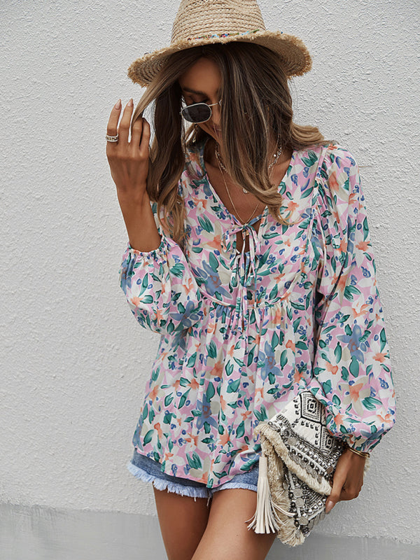 Blue Zone Planet | style holiday style floral long-sleeved tie shirt top BLUE ZONE PLANET