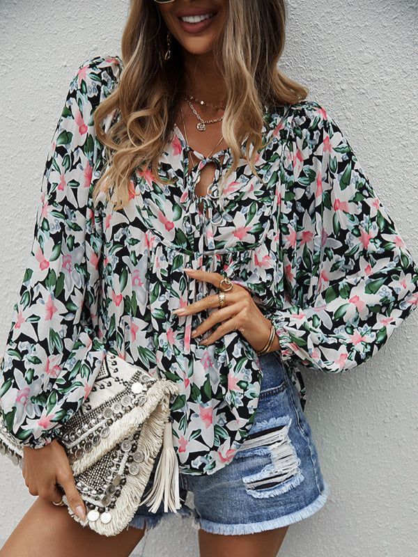 Blue Zone Planet | style holiday style floral long-sleeved tie shirt top BLUE ZONE PLANET