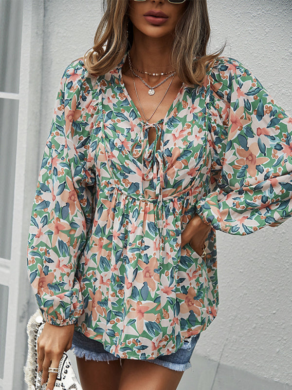 Blue Zone Planet | style holiday style floral long-sleeved tie shirt top BLUE ZONE PLANET