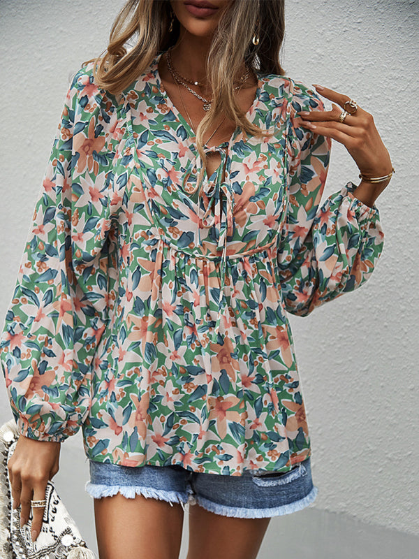Blue Zone Planet | style holiday style floral long-sleeved tie shirt top BLUE ZONE PLANET