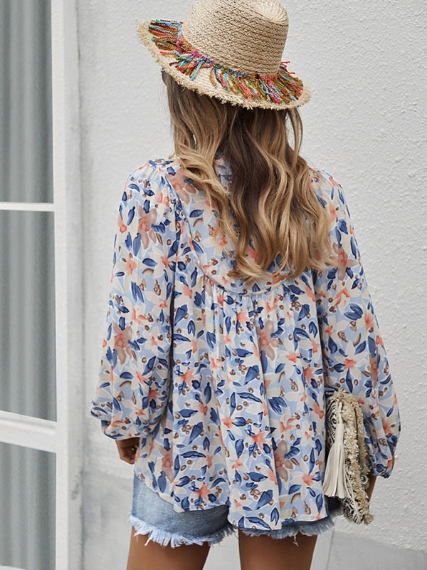 Blue Zone Planet | style holiday style floral long-sleeved tie shirt top BLUE ZONE PLANET