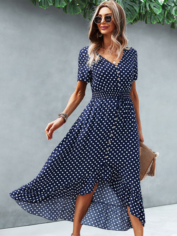 Polka Dot Skirt Front Short Back Long Middle Length Swing Skirt Dress kakaclo