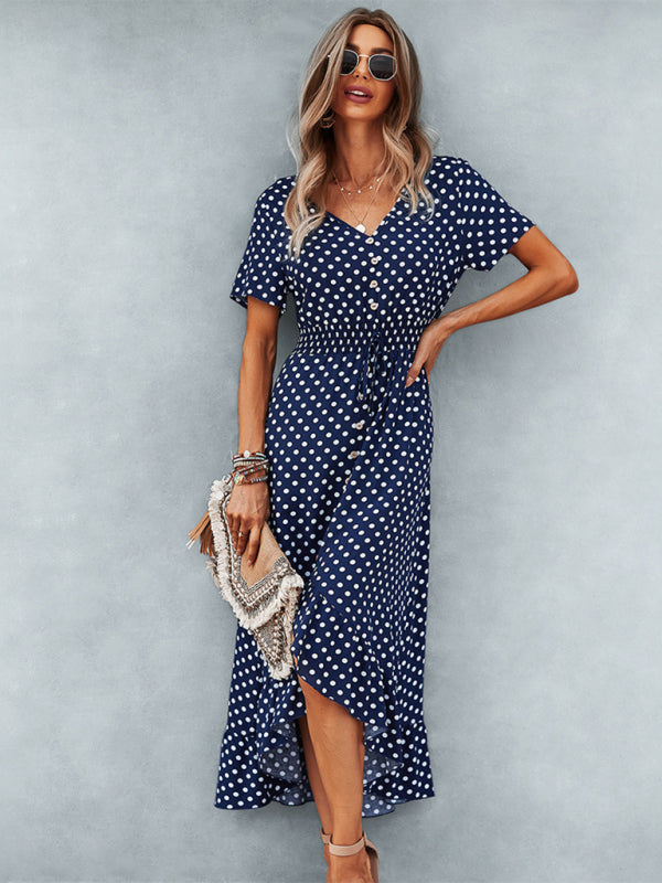 Polka Dot Skirt Front Short Back Long Middle Length Swing Skirt Dress kakaclo