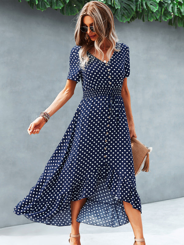 Polka Dot Skirt Front Short Back Long Middle Length Swing Skirt Dress kakaclo