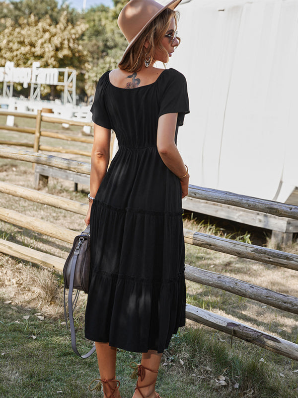 Blue Zone Planet | Mia's Solid Color Short-Sleeved Buttoned Loose Tiered Midi Dress BLUE ZONE PLANET