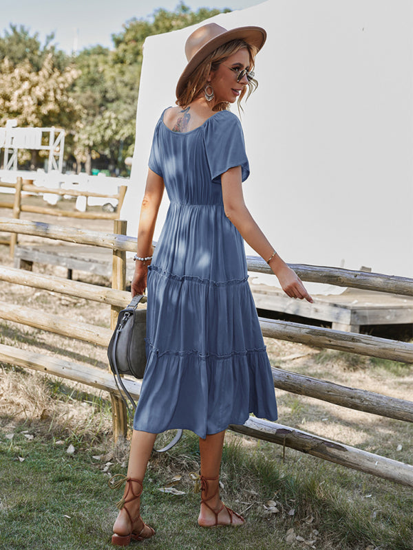 Blue Zone Planet | Mia's Solid Color Short-Sleeved Buttoned Loose Tiered Midi Dress BLUE ZONE PLANET