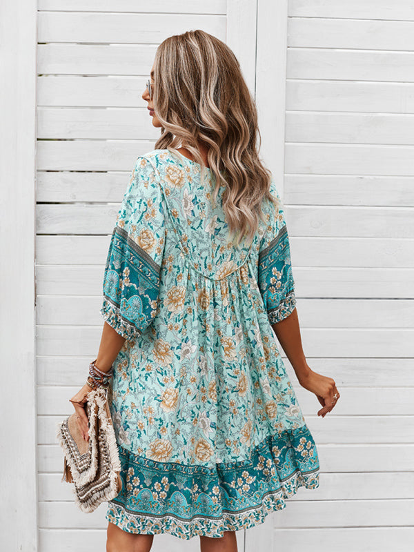 Blue Zone Planet | V-neck positioning flower product loose skirt BLUE ZONE PLANET