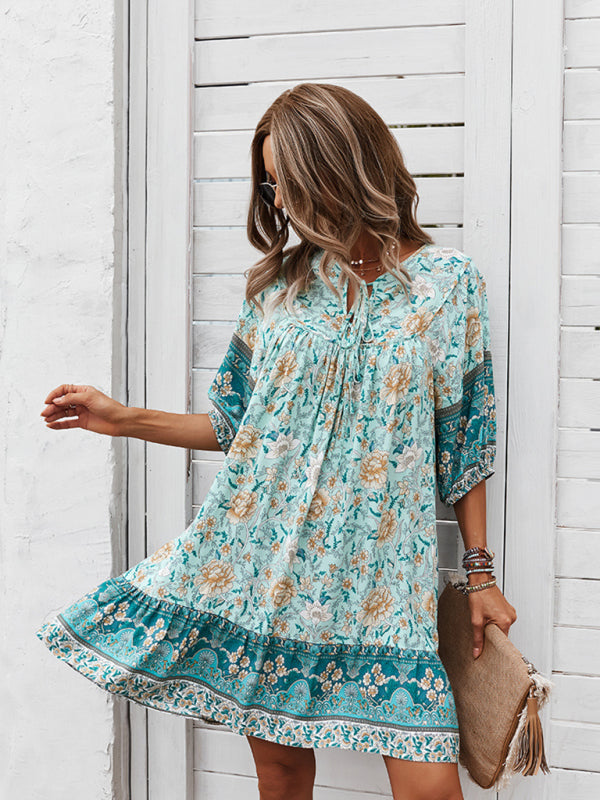 Blue Zone Planet | V-neck positioning flower product loose skirt BLUE ZONE PLANET