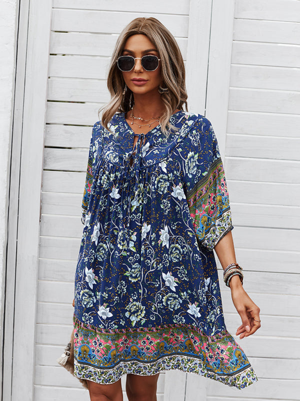 Blue Zone Planet | V-neck positioning flower product loose skirt BLUE ZONE PLANET