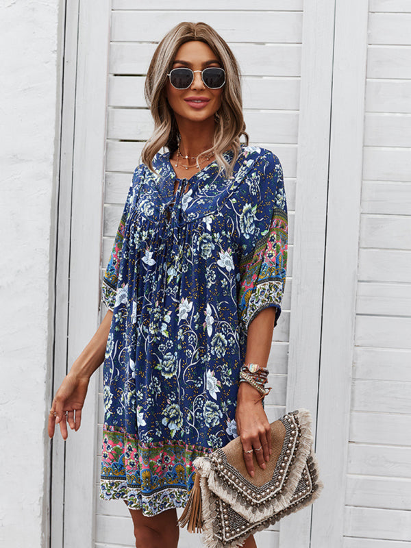 Blue Zone Planet | V-neck positioning flower product loose skirt BLUE ZONE PLANET