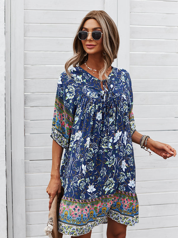 Blue Zone Planet | V-neck positioning flower product loose skirt BLUE ZONE PLANET