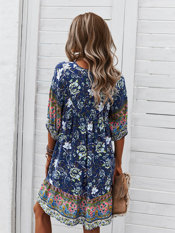 Blue Zone Planet | V-neck positioning flower product loose skirt BLUE ZONE PLANET