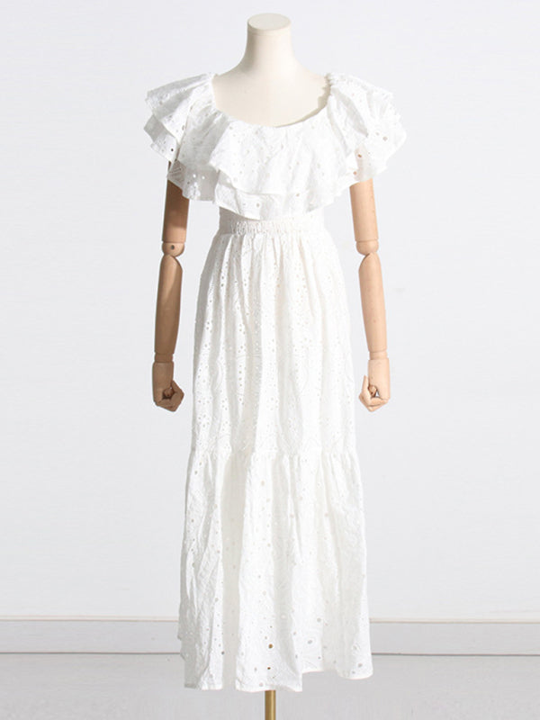 Blue Zone Planet | one-shoulder ruffles hollow embroidery printed front slit dress BLUE ZONE PLANET