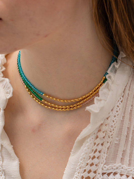 Women's titanium steel necklace colorful beaded choker necklace BLUE ZONE PLANET