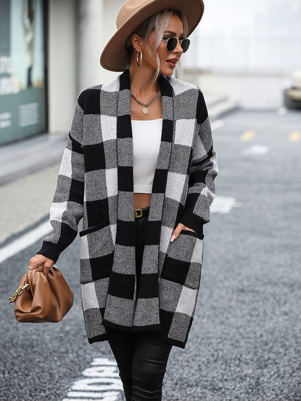 Blue Zone Planet | Coat Loose Plaid Color Block Knit Cardigan Sweater BLUE ZONE PLANET