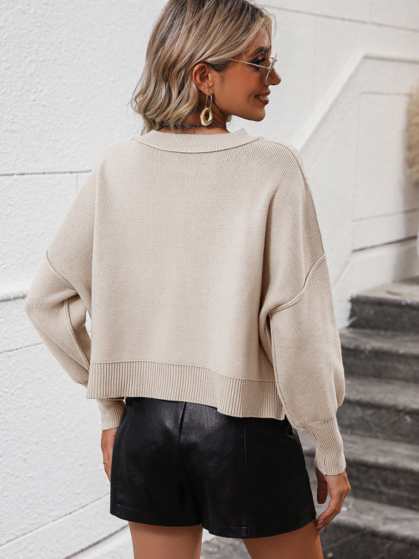 Blue Zone Planet | round neck knitted sweater solid color loose pullover sweater BLUE ZONE PLANET