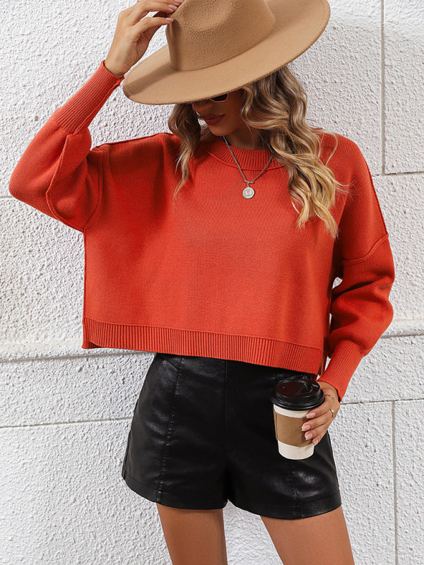 Blue Zone Planet | round neck knitted sweater solid color loose pullover sweater BLUE ZONE PLANET