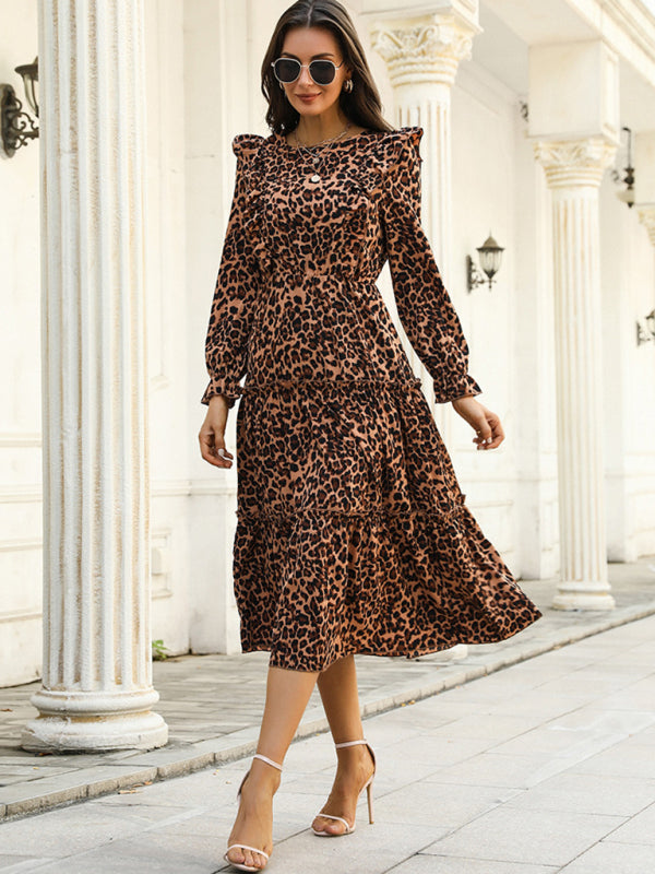 Blue Zone Planet | Leopard print ruffle long-sleeved mid-length dress BLUE ZONE PLANET