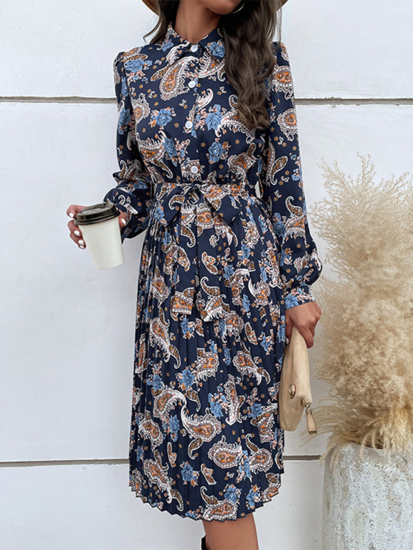 Blue Zone Planet | Long Sleeve Lapel Button Pleated Dress BLUE ZONE PLANET