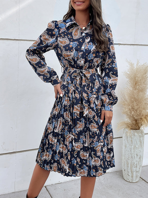 Blue Zone Planet | Long Sleeve Lapel Button Pleated Dress BLUE ZONE PLANET