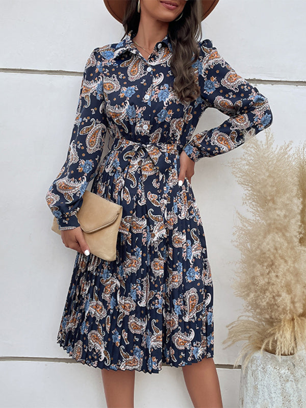 Blue Zone Planet | Long Sleeve Lapel Button Pleated Dress BLUE ZONE PLANET