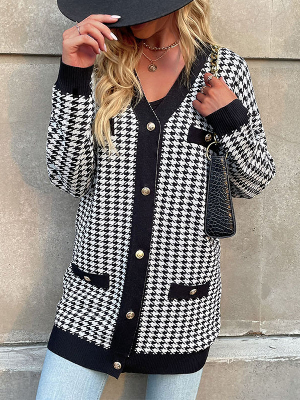 Fashion Coat Long Sleeve Houndstooth Sweater Cardigan Mid Length kakaclo