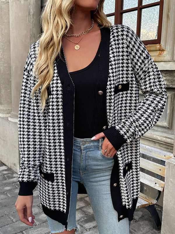 Fashion Coat Long Sleeve Houndstooth Sweater Cardigan Mid Length kakaclo