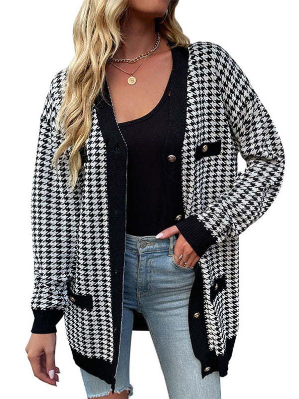 Fashion Coat Long Sleeve Houndstooth Sweater Cardigan Mid Length kakaclo