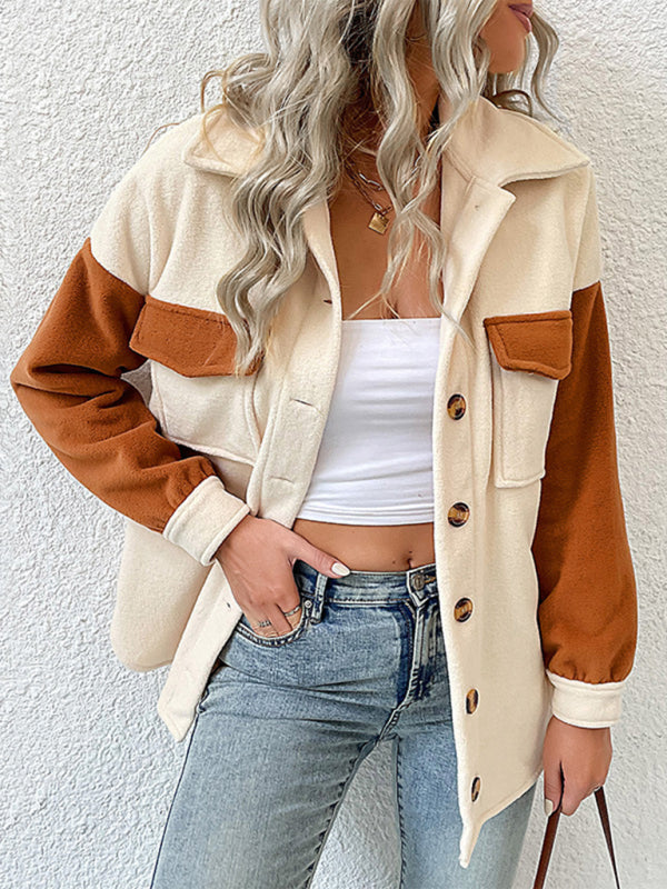 fashion lapel color-block long-sleeved polar fleece jacket kakaclo