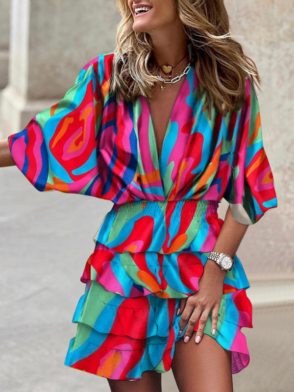 Blue Zone Planet | Dolman sleeve V-neck print irregular hem dress BLUE ZONE PLANET