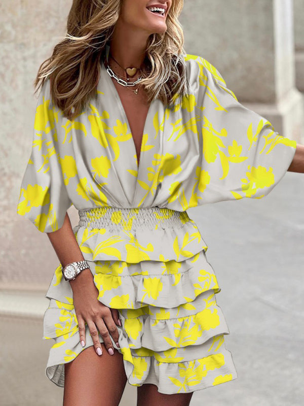 Blue Zone Planet | Dolman sleeve V-neck print irregular hem dress BLUE ZONE PLANET