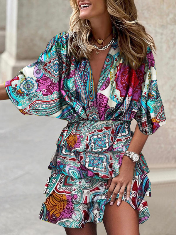 Blue Zone Planet | Dolman sleeve V-neck print irregular hem dress BLUE ZONE PLANET