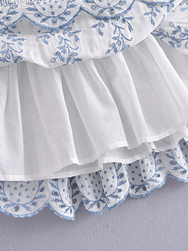 Blue Zone Planet | Blue and White Porcelain Embroidered Bodycon Mini Dress BLUE ZONE PLANET