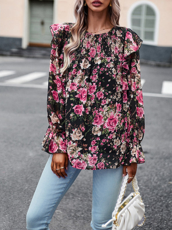 elegant commuter floral long-sleeved shirt BLUE ZONE PLANET