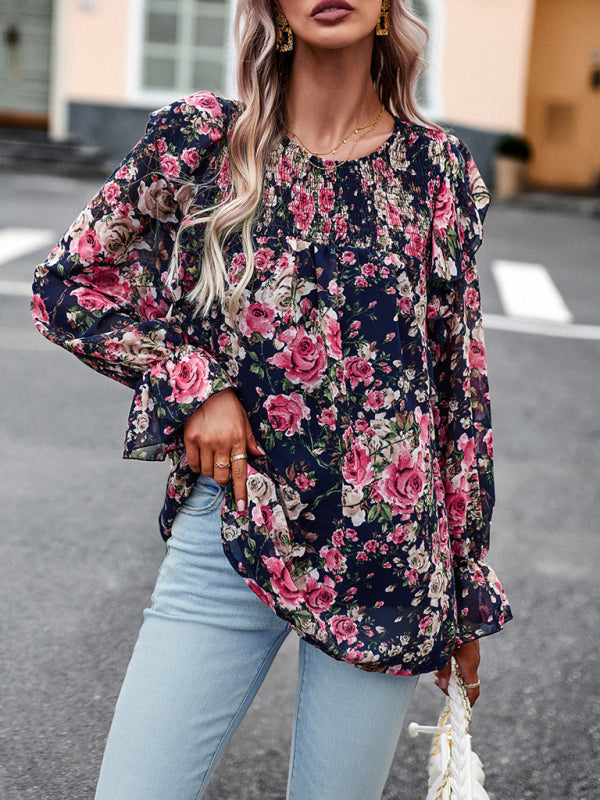 elegant commuter floral long-sleeved shirt BLUE ZONE PLANET
