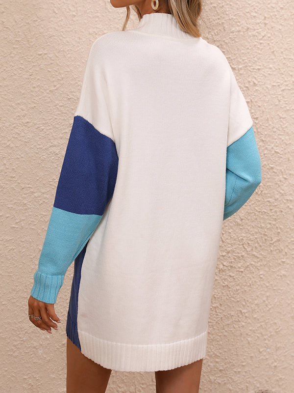 Blue Zone Planet | Color Block Dress Crew Neck Knit Long Sweater BLUE ZONE PLANET
