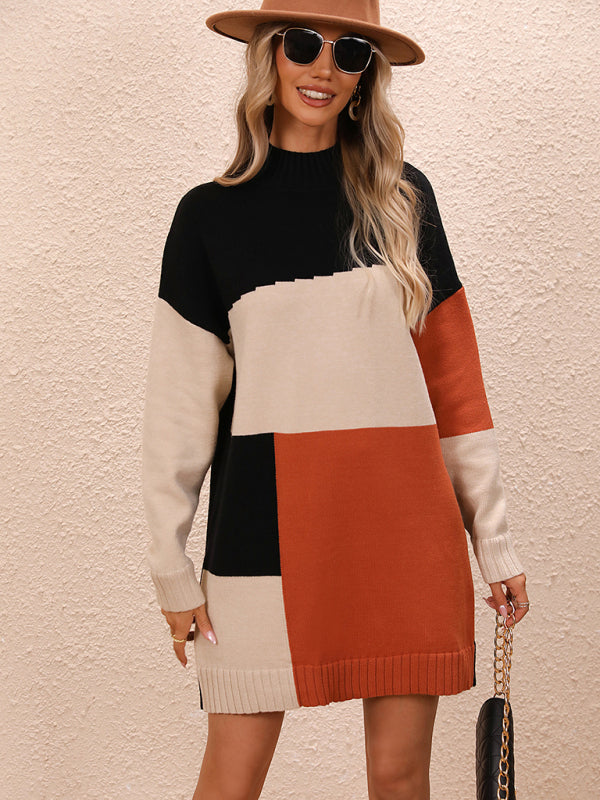 Blue Zone Planet | Color Block Dress Crew Neck Knit Long Sweater BLUE ZONE PLANET