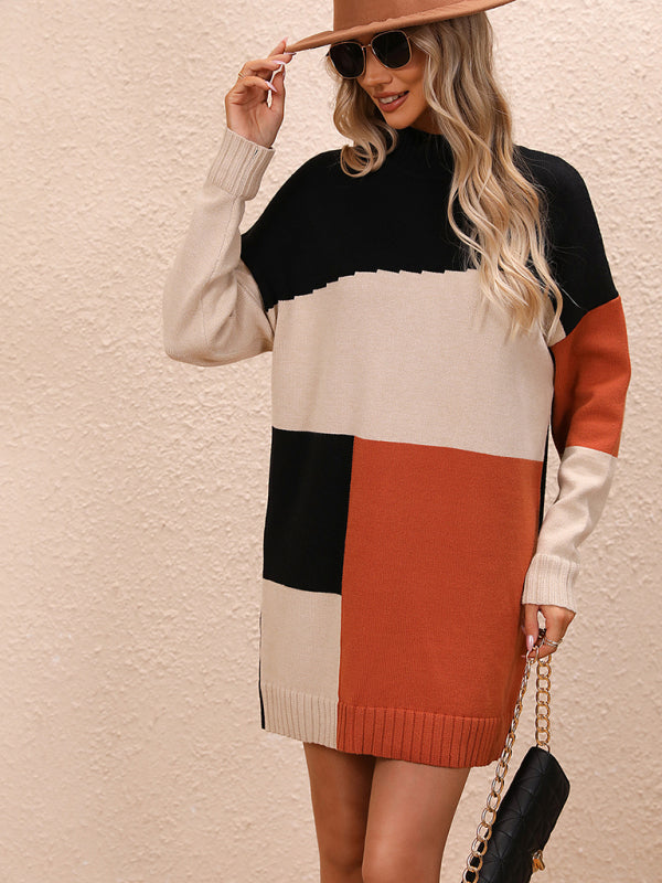 Blue Zone Planet | Color Block Dress Crew Neck Knit Long Sweater BLUE ZONE PLANET