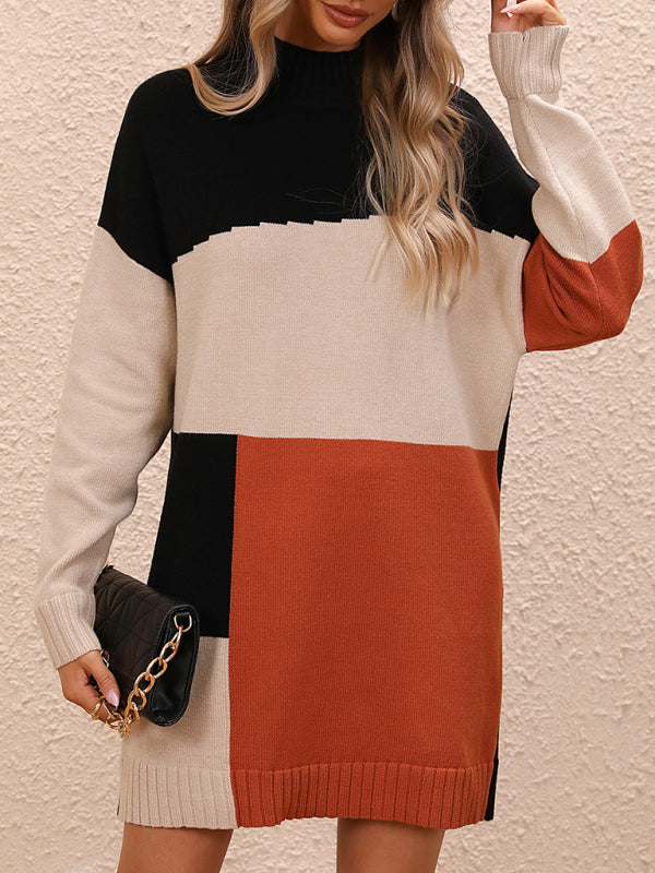 Blue Zone Planet | Color Block Dress Crew Neck Knit Long Sweater BLUE ZONE PLANET